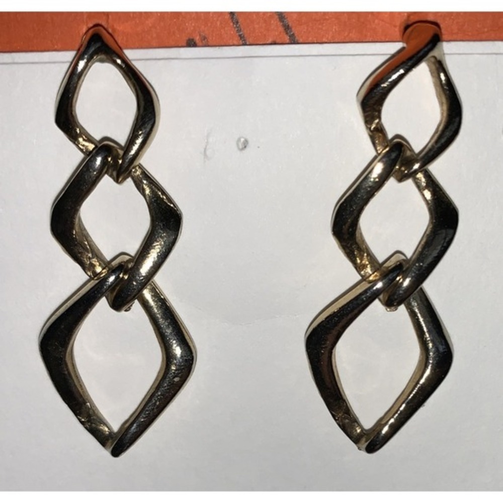 VINTAGE GOLD TONE 1.25" DROP EARRINGS ◇ 3 LINK DESIGN‎